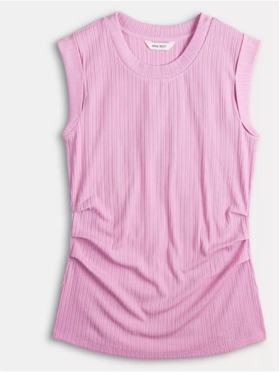 Tops - Cap Sleeve Ribbed Crewneck Side Ruched Knit Top S Pink/Purple